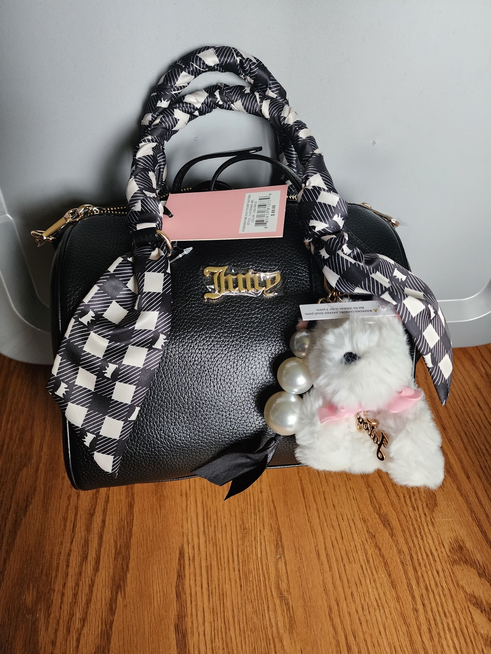 NwT Juicy Couture Black Leatherette Top-Handle Bag with Charm